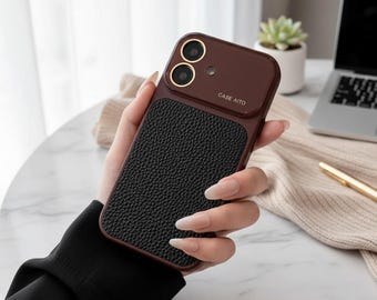 Luxury Lychee Leather iPhone Case | Crystal Large Window Shockproof Armor Cover for iPhone 17 16 15 14 13 12 11 Pro Max