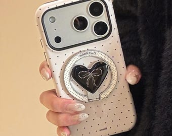 Korean Polka Dot Heart iPhone Case with Magnetic Stand | Shockproof Phone Cover (iPhone 11-17)