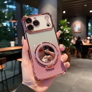 iPhone Handyhülle mit Farbverlauf und Spiegelhalter | Stoßfeste TPU-Stoßschutzhülle | Luxus Plated Corner Case für iPhone 17 Pro Max