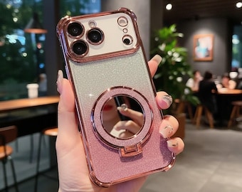 Gradient Glitter iPhone Case with Mirror Holder | Shockproof TPU Bumper Cover