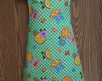 Child's kids full apron green check with butterflies orange slices and flowers