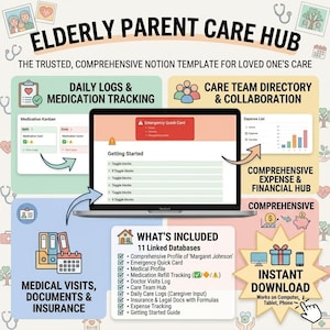 May include: A digital template for elderly parent care, featuring a laptop displaying a user interface with sections for medication tracking, care team directory, and financial management. The image includes the text "Elderly Parent Care Hub" and "Instant Download."