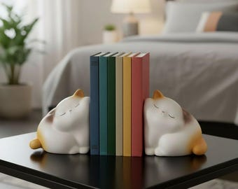 Sujetalibros de gatos adorables: juego de soportes decorativos para libros, ideales para estantes y escritorios.