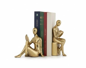 Sujetalibros modernos dorados, soporte decorativo para libros, sujetalibros con figuras de lectura, decoración minimalista para el hogar, decoración para estanterías de oficina, regalo para amantes de los libros.