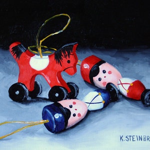 Original oil Christmas ornament painting of horse and soldiers