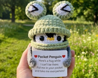 Pingüino de bolsillo para abrazar – Pingüino de ganchillo hecho a mano, regalo de amistad, regalo de apoyo emocional, bonito recuerdo de ánimo.