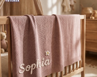 Aangepaste geborduurde naam katoenen deken, gepersonaliseerde gebreide babydeken, cadeau pasgeborene, cadeau babyshower, 1e verjaardagscadeau voor jongen en meisje
