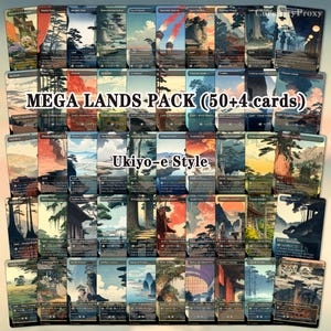May include: A collection of 54 rectangular trading cards featuring landscape illustrations in a traditional Japanese art style. The cards are arranged in a grid, with the text MEGA LANDS-PACK (50+4 cards) and Ukiyo-e Style overlaid in the center.