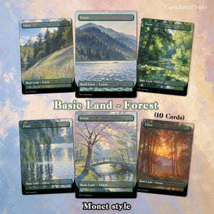 Puede incluir: Un conjunto de diez cartas "Basic Land - Forest", cada una con una pintura de paisaje al estilo de Monet. Las cartas muestran escenas de bosques, lagos y puentes, con el texto "Forest" y "Basic Land - Forest". El texto "Monet style" también es visible.