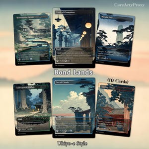 May include: A collection of six rectangular trading cards featuring landscape illustrations in a traditional Japanese art style. Each card displays a unique scene with buildings, trees, and water, labeled with names like Vault of Champions and Sea of Clouds.