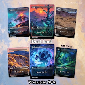 May include: A set of ten dual land cards with watercolour style artwork. Each card depicts a different landscape, such as a volcanic island, mountain forest, and swamp. The text "Dual land" and "Watercolor Style" are visible.