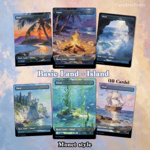 May include: A set of ten "Basic Land - Island" cards, each with a Monet-style landscape painting. The artwork shows different island scenes, such as beaches, ocean views, and underwater settings. The cards have a blue border and the word "Island" at the top. The text "Monet style" is also visible.