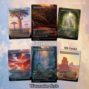 Puede incluir: Un conjunto de diez cartas "Fetch land" con ilustraciones estilo acuarela. Cada carta presenta un paisaje único, como un desierto, un bosque y un terreno volcánico. Las cartas están diseñadas para un juego de cartas coleccionables.