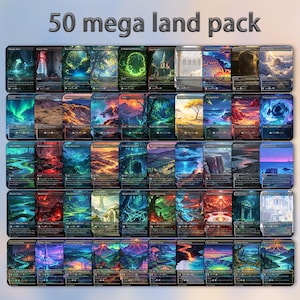 May include: A collection of 50 trading card game land cards, each featuring unique fantasy landscape art. The cards are arranged in rows, showcasing a variety of colorful scenes, including forests, mountains, and otherworldly environments. The text "50 mega land pack" is at the top.