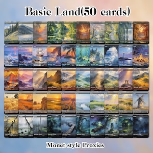 May include: A collection of 50 Basic Land cards with Monet-style landscape art. The cards feature various scenes, including forests, oceans, mountains, and fields. The text "Basic Land (50 cards)" and "Monet-style Proxies" are displayed.