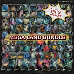 May include: A collection of 108 rectangular trading cards arranged in a grid, each featuring distinct fantasy landscape illustrations. A central banner displays the text MEGA LAND BUNDLE, while a starburst graphic indicates 108 CARDS.