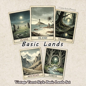 May include: A set of five rectangular cards labelled Basic Lands, featuring illustrations of a plains, island, swamp, mountain, and forest. Each card has a vintage tarot style with muted colours, detailed landscapes, and text at the bottom of each card.