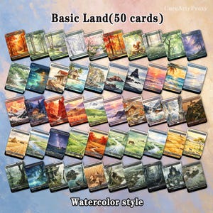 May include: A collection of 50 Basic Land trading cards featuring watercolor-style illustrations of diverse landscapes including forests, mountains, beaches, and plains. The text Basic Land(50 cards) and Watercolor style is visible.