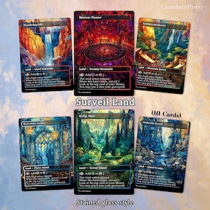 May include: Six rectangular trading cards featuring stained glass style artwork of landscapes including Thundering Falls, Raucous Theater, Commercial District, Meticulous Archive, Hedge Maze, and Undercity Sewers, with game text and mana symbols.