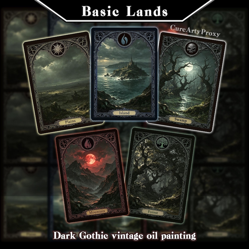 Basic Lands Proxy Set, Dark Gothic vintage style lands proxy cards for your DEH and Commander Decks image 1