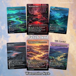 Könnte beinhalten: Eine Sammlung von zehn "Fetch Land" Karten im Aquarellstil. Jede Karte zeigt eine einzigartige Landschaft, darunter ein verschmutztes Delta und einen nebligen Regenwald. Der Text "Fetch Land" und "Watercolor Style" sind ebenfalls zu sehen.