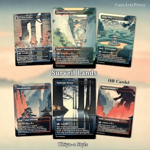 May include: A collection of six rectangular trading cards featuring Ukiyo-e style illustrations of landscapes. Each card displays text including names like Meticulous Archive, Commercial District, Hedge Maze, Thundering Falls, Undercity Sewers, and Raucous Theater.