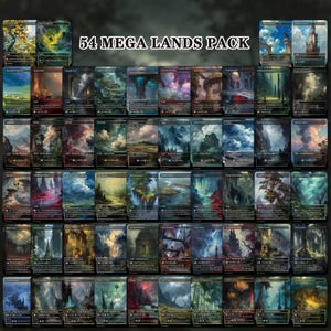Puede incluir: Una colección de 54 cartas coleccionables titulada 54 MEGA LANDS PACK, que presenta ilustraciones de arte completo de diversos paisajes como bosques, montañas, islas y pantanos con paletas de colores oscuros y texto de juego.