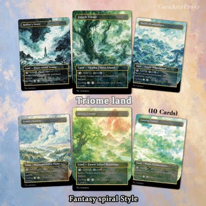 May include: A collection of six rectangular trading cards featuring fantasy landscape illustrations. Each card displays a unique scene with text labels including Raffine's Tower, Zagoth Triome, Spara's Headquarters, Jetmir's Garden, Ketria Triome, and Indatha Triome.