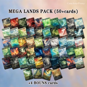 Op de afbeelding: Een verzameling van meer dan 50 rechthoekige ruilkaarten gerangschikt in een raster, met diverse landschapsillustraties in verschillende kleuren. De tekst "MEGA LANDS PACK (50+cards)" en "+4 BOUNS cards" is in het zwart afgedrukt.