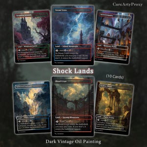 May include: A collection of six rectangular trading cards titled Shock Lands, featuring dark vintage oil painting illustrations of landscapes. Each card displays specific land types, game text, and mana symbols. The text includes names like Stomping Ground, Steam Vents, Sacred Foundry, Hallowed Fountain, Blood Crypt, and Godless Shrine.