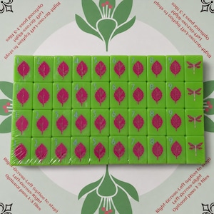 May include: A set of rectangular green tiles arranged in a grid, featuring pink leaf illustrations and numbers one through nine, with dragonfly icons on the end column. The text "Right-Across-Left (option to stop) Left-Across-Right Optional pass 1-3 tiles" appears.