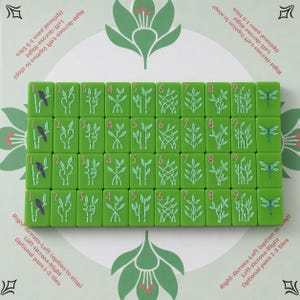 May include: A set of green rectangular game tiles arranged in a grid, featuring numbers one through nine and illustrations of birds, bamboo stalks, and dragonflies. The background displays green floral motifs and text reading Right-Across-Left.