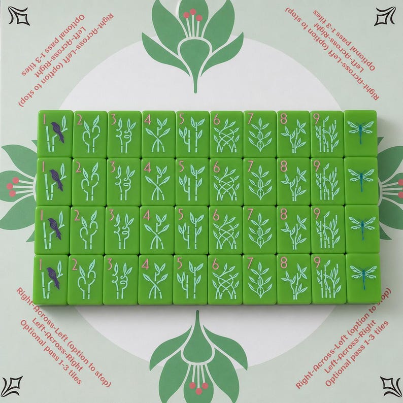 May include: A set of green rectangular game tiles arranged in a grid, featuring numbers one through nine and illustrations of birds, bamboo stalks, and dragonflies. The background displays green floral motifs and text reading Right-Across-Left.