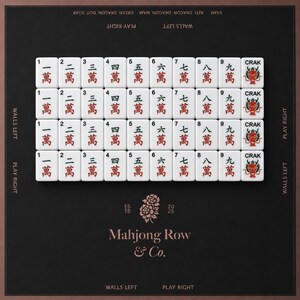 May include: A set of white Mahjong tiles arranged in a grid on a black surface. The tiles feature black numbers 1 through 9, red Chinese characters, and a red dragon graphic labeled CRAK. The background includes the text Mahjong Row & Co. and EST 2025.