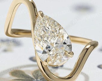 Pear Cut Moissanite Ring, Gold Wave Band, Minimalist Engagement Ring