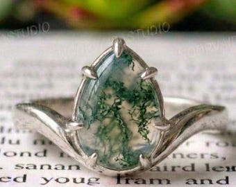 Pear Moss Agate Ring, Nature Green Forrest Silver Engagement Ring, Boho Jewelry
