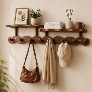 Golvende houten wandkapstok met plank, walnoothouten organizer voor de hal, wandhaken met golfdesign, Scandinavische kapstok, moderne woondecoratie