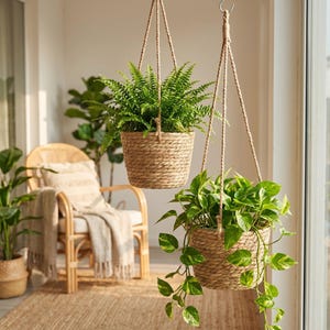 May include: Two hanging woven baskets with green plants. The baskets are suspended by rope from a metal hook. One basket contains a fern, and the other has a trailing plant with variegated leaves. The background includes a wicker chair and a window.