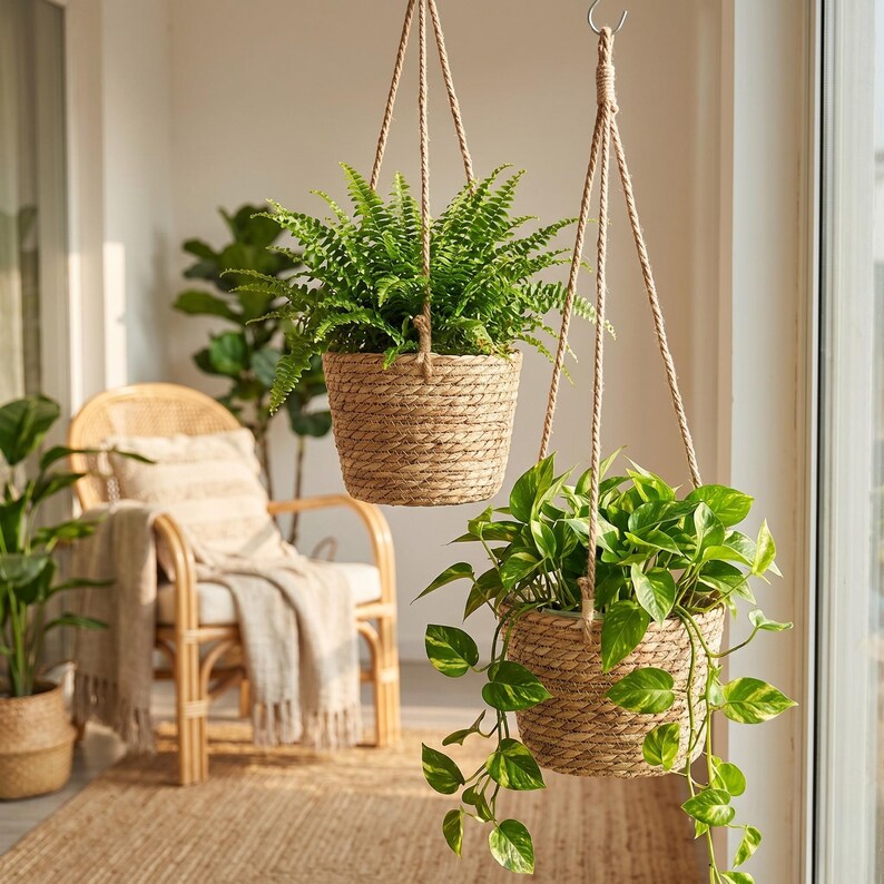 May include: Two hanging woven baskets with green plants. The baskets are suspended by rope from a metal hook. One basket contains a fern, and the other has a trailing plant with variegated leaves. The background includes a wicker chair and a window.