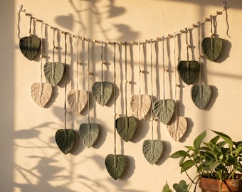 Macrame Leaf Wall Hanging | Boho Woven Wall Decor | Green Leaf Wall Art | Cotton Rope Decor for Bedroom Living Room Nursery