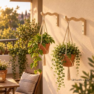 May include: Two light-coloured wooden wall brackets mounted on a wall, each holding a terracotta pot with a green plant suspended by a cream-coloured macrame cord. The pots feature a knotted design with a tassel at the bottom. Text reads UrbanRootArt.