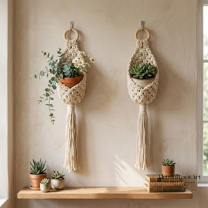 Puede incluir: Dos colgadores de plantas de macramé en color blanco roto con anillos de madera, cada uno con una planta en maceta. El colgador izquierdo contiene una maceta de terracota con vegetación y flores blancas, mientras que el derecho tiene una suculenta.