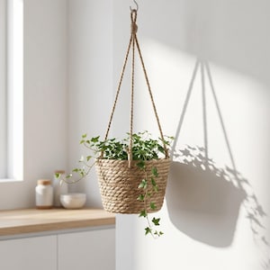 May include: A hanging woven basket planter filled with green ivy. The basket is suspended by natural rope and hangs from a metal hook. The basket's shadow is cast on a white wall, creating a simple, natural aesthetic.