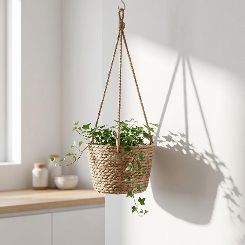 May include: A hanging woven basket planter filled with green ivy. The basket is suspended by natural rope and hangs from a metal hook. The basket's shadow is cast on a white wall, creating a simple, natural aesthetic.