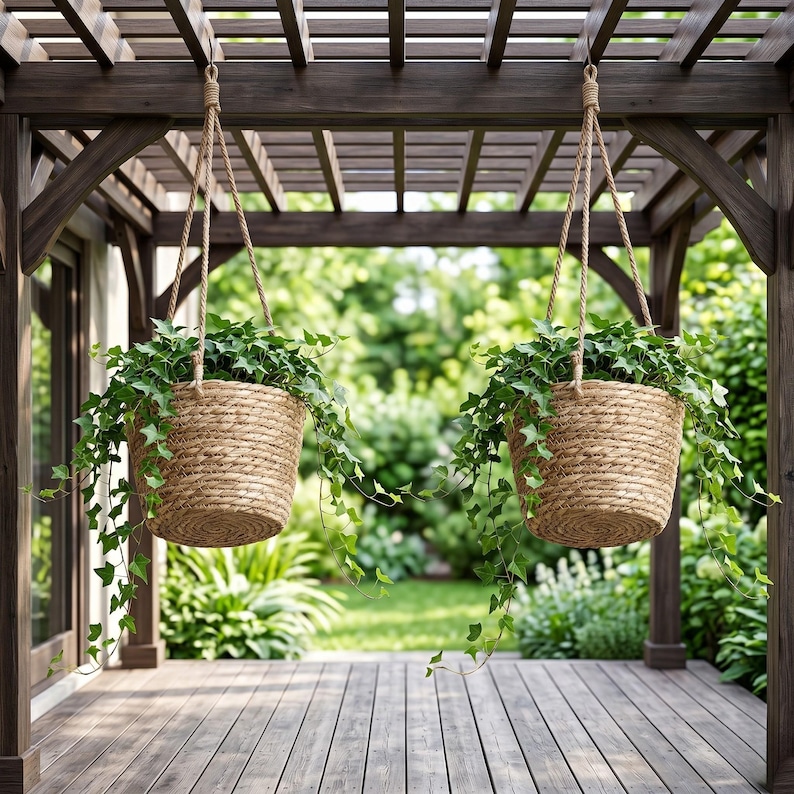 May include: Two hanging woven baskets filled with green plants. The baskets are suspended from a wooden pergola with rope. The baskets are round and have a natural, earthy tone. The plants have long, trailing vines.
