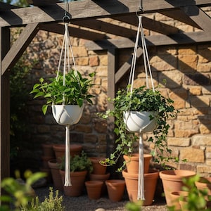 May include: Two white macrame plant hangers with green plants suspended from a wooden pergola. The planters are round and have a woven design. The background features a brick wall and several terracotta pots.