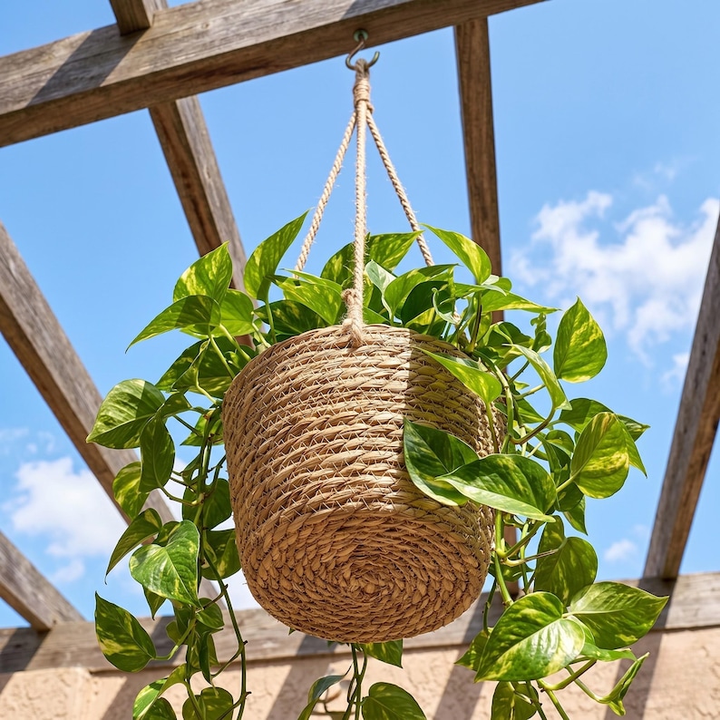 May include: A hanging woven basket planter filled with green and yellow pothos plants. The basket is suspended from a wooden pergola with rope. The background is a bright blue sky.