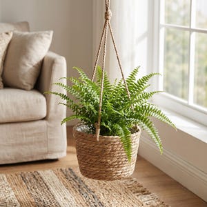 May include: A hanging basket with a lush green fern. The basket is woven from natural fibers and suspended by a rope. The plant is near a window, with a neutral-toned sofa and rug in the background, creating a cozy, natural aesthetic.
