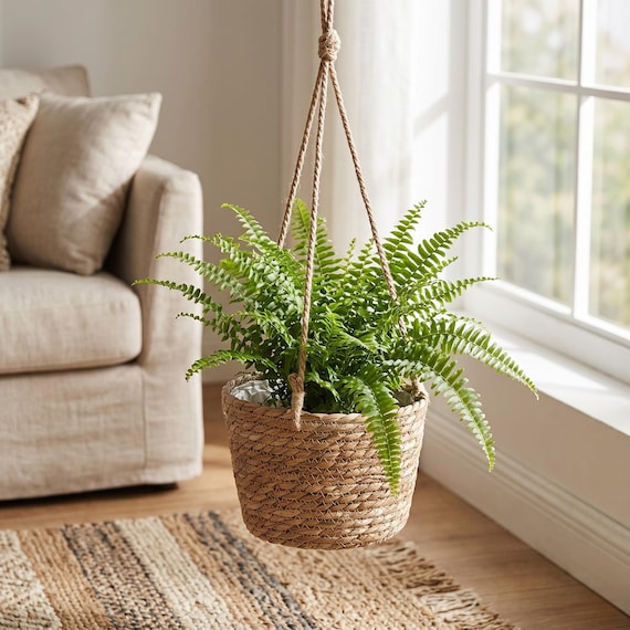 Woven Jute Hanging Planter Basket | Boho Rope Plant Hanger | Indoor Outdoor Flower Pot Holder | Natural Rustic Home Decor Gift