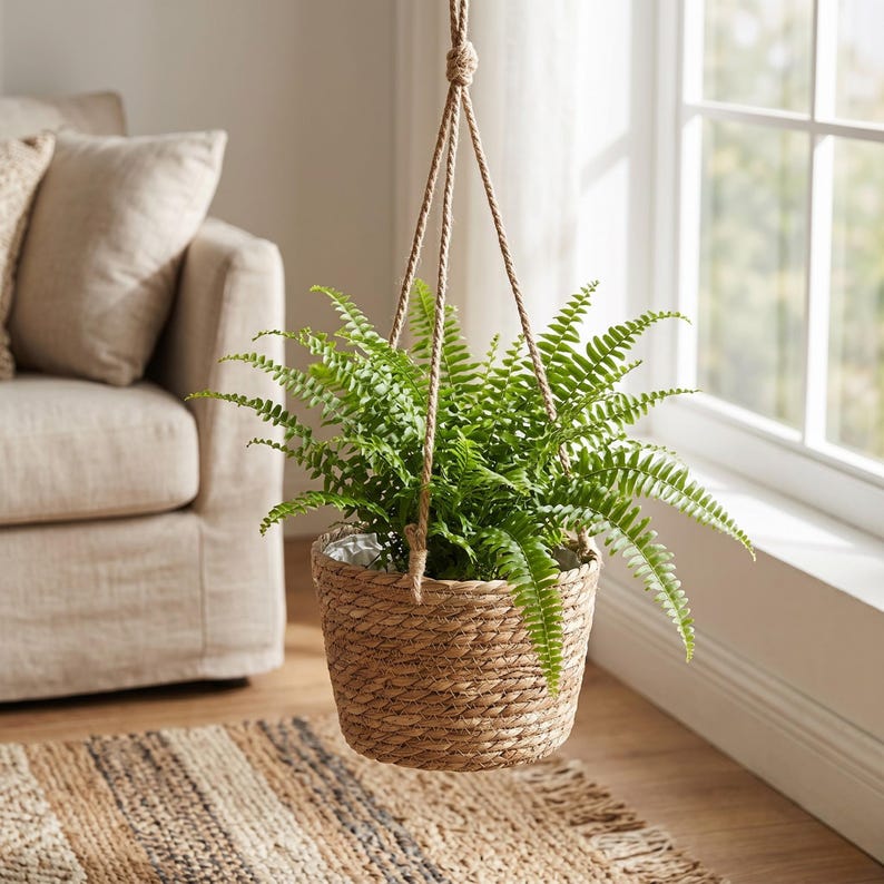 May include: A hanging basket with a lush green fern. The basket is woven from natural fibers and suspended by a rope. The plant is near a window, with a neutral-toned sofa and rug in the background.